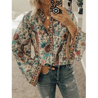 Fanbety Plus size Autumn Chic Blouses women Peacock Floral Print Long Sleeve Shirts women Casual V-neck Boho Blouse Tops Female