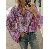 Fanbety Plus size Autumn Chic Blouses women Peacock Floral Print Long Sleeve Shirts women Casual V-neck Boho Blouse Tops Female