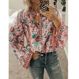 Fanbety Plus size Autumn Chic Blouses women Peacock Floral Print Long Sleeve Shirts women Casual V-neck Boho Blouse Tops Female