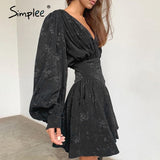 Simplee Sexy v-neck black printed women dress Elegant female party mini dress Lantern sleeve fashion pleated party night dresses