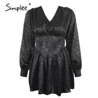 Simplee Sexy v-neck black printed women dress Elegant female party mini dress Lantern sleeve fashion pleated party night dresses