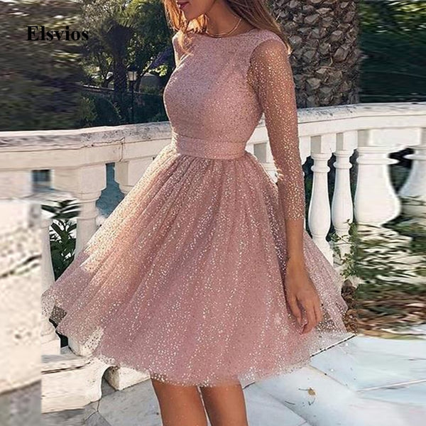 Elegant Women O-Neck Party Dress Sexy Backless Lace A-Line Princess Dress Spring Ladies Transparent Sleeve Mesh Mini Dresses 3XL