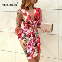 Rose Floral Print Puff Shoulder Party Dress Women 2020 Summer V-neck Twist Hollow Out Dresses Spring Mesh Long Sleeve Mini Dress