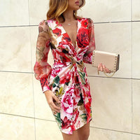 Rose Floral Print Puff Shoulder Party Dress Women 2020 Summer V-neck Twist Hollow Out Dresses Spring Mesh Long Sleeve Mini Dress