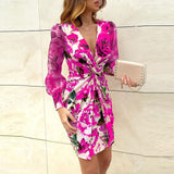 Rose Floral Print Puff Shoulder Party Dress Women 2020 Summer V-neck Twist Hollow Out Dresses Spring Mesh Long Sleeve Mini Dress