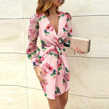 Rose Floral Print Puff Shoulder Party Dress Women 2020 Summer V-neck Twist Hollow Out Dresses Spring Mesh Long Sleeve Mini Dress