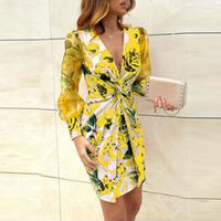 Rose Floral Print Puff Shoulder Party Dress Women 2020 Summer V-neck Twist Hollow Out Dresses Spring Mesh Long Sleeve Mini Dress