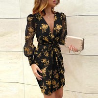 Rose Floral Print Puff Shoulder Party Dress Women 2020 Summer V-neck Twist Hollow Out Dresses Spring Mesh Long Sleeve Mini Dress