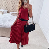 DeRuiLaDy 2020 Summer Sexy V-Neck Women Party Dress Elegant Spaghetti Strap Female Pleated Office Dresses Female Pink Midi Dress