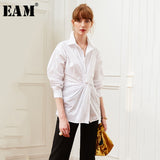 [EAM] Women White Knot Split Joint Temperament Blouse New Lapel Long Sleeve Loose Fit Shirt Fashion Spring Autumn 2020 JW513