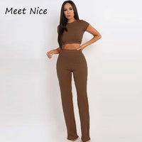 2 Two Piece Set Women Ribbed O Neck Crop Top and Long Pants Set Sexy Autumn Short Sleeve Tracksuit Women Conjunto Feminino 2020