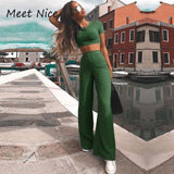 2 Two Piece Set Women Ribbed O Neck Crop Top and Long Pants Set Sexy Autumn Short Sleeve Tracksuit Women Conjunto Feminino 2020