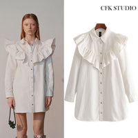 ZA 2020 New Summer Women Minidress with Peter Pan Collar Ruffles solid Long Sleeve Elegant Dress Femme Loose White Shirtdress