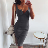 WannaThis Knee-Length Dress Knitted Elastic Sleeveless Bodycon elegant Women 2019 Summer Sexy V-Neck Button Party Slim Dresses