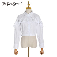 TWOTWINSTYLE Casual Solid White Women Blouse Lapel Long Sleeve Patchwork Ruffles Pleated Short Women Shirt Clothing Fashion Tide