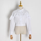 TWOTWINSTYLE Casual Solid White Women Blouse Lapel Long Sleeve Patchwork Ruffles Pleated Short Women Shirt Clothing Fashion Tide