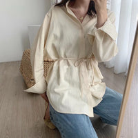 white cotton linen tops blouses korean long sleeve khaki shirts drawstring waist oversized tops 2020