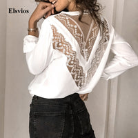 Sexy Hollow Out See-Through Shirt Blouse Elegant Women V Neck Floral Lace Pleated Blouse Spring Office Lady Blusa Tops Pullovers