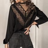 Sexy Hollow Out See-Through Shirt Blouse Elegant Women V Neck Floral Lace Pleated Blouse Spring Office Lady Blusa Tops Pullovers