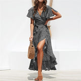 Summer Beach Maxi Dress Women Floral Print Boho Long Chiffon Dress Ruffles Wrap Casual V-Neck Split Sexy Party Dress Robe Femme