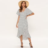 Summer Beach Maxi Dress Women Floral Print Boho Long Chiffon Dress Ruffles Wrap Casual V-Neck Split Sexy Party Dress Robe Femme