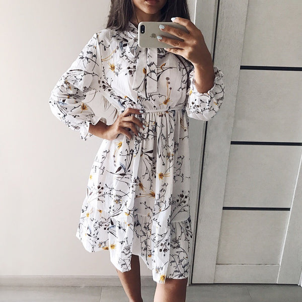 2020 Autumn Women Dress For Female Long Sleeve Chiffon Shirt Dress A-line Midi Winter Dress White Bow Floral Vestidos Vintage