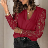 Women Chiffon Blouse 2020 Spring Summer V-neck Lace Hollow Out Top 5XL Embroidery Long Sleeve Patchwork Shirt Plus Size Feminino