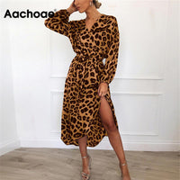 Aachoae robe léopard 2020 femmes Vintage longue robe de plage en vrac à manches longues col en v une ligne Sexy robe de soirée Vestidos de fiesta