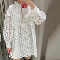 Elegant hollow out Women Dress Long Sleeve Ruffled Neck White Mini Dress Spring Summer Casual Solid Dresses