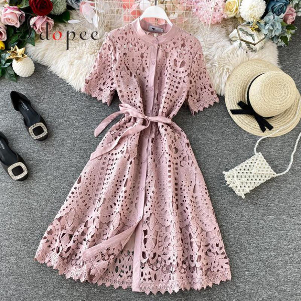 Women Dress Spring Temperament Fashion Sexy Standing Colla Short Sleeve Single Breasted Vestidos Closed Waist Sweet Sexy Dress