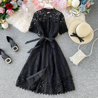 Women Dress Spring Temperament Fashion Sexy Standing Colla Short Sleeve Single Breasted Vestidos Closed Waist Sweet Sexy Dress