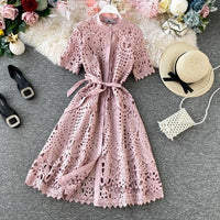 Women Dress Spring Temperament Fashion Sexy Standing Colla Short Sleeve Single Breasted Vestidos Closed Waist Sweet Sexy Dress