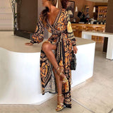 2019 New Style Fashion Elegant Women Sexy Boat Neck Glitter Deep V Neck Print Party Dress Formal Long Dress Sexy Clubwear