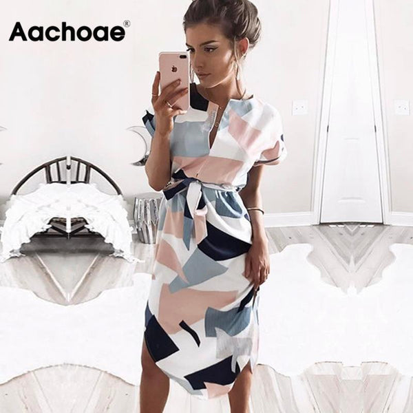 Aachoae 2020 Women Midi Party Dresses Geometric Print Summer Boho Beach Dress Loose Batwing Sleeve Dress Vestidos Plus Size