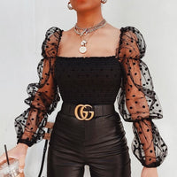 Sexy Women Square neck Lace See-through Polka Dot Puff Long Sleeve Elastic Crop Top Female Blouse Shirts Evening Party clubwear