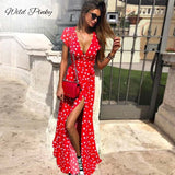 WildPinky Boho Polka Dot Long Dresses Women Split Short Sleeve Summer Casual Dress 2020 Streetwear Black Maxi Dress Vestidos