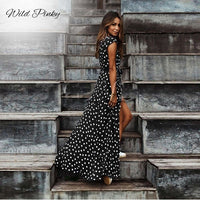 WildPinky Boho Polka Dot Long Dresses Women Split Short Sleeve Summer Casual Dress 2020 Streetwear Black Maxi Dress Vestidos