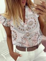 2020 Summer Women Elegant Work Wear OL Leisure Blouse Female Stylish Fashion Top V-Neck Print Ruffles Casual Shirt