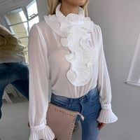 2020 Spring Polka Dot Ruffle Blouse Shirt Elegant Fashion O Neck Buttons Streetwear Tops Lady Autumn Long Sleeve Pullover Women