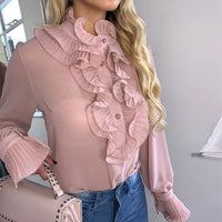 2020 Spring Polka Dot Ruffle Blouse Shirt Elegant Fashion O Neck Buttons Streetwear Tops Lady Autumn Long Sleeve Pullover Women