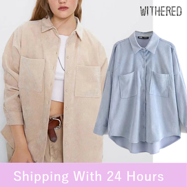 Withered england vintage preppy oversize corduroy boyfriend blouse women blusas mujer de moda 2020 shirt tops womens plus size