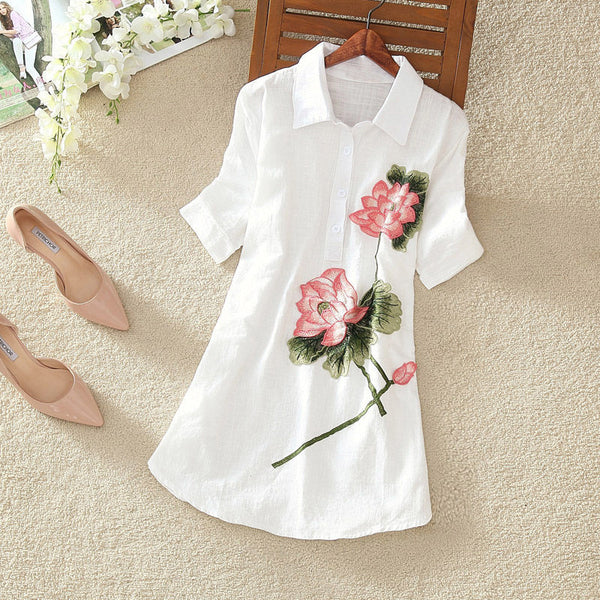 White Long Shirt Women Office Blouse Plus size Cotton Vintage Embroidery Short sleeve Ladies Summer Tops Casual