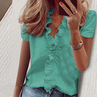 Elegant New Daisy Pineapple Print Ruffle blouse shirts Office Lady 2020 Summer Short Sleeve Slim Blouses women Sexy V-neck tops