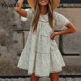 Yojoceli boho beach floral print dress women hollow out beach dress casual loose mini dress new spring summer