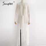 Simplee chiffon white sexy women long cover-ups casual lace up transparent cover-ups polka dot summer bach bathing cover-ups