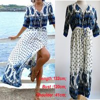 Cotton Beach Cover Up Print Beach Kaftan Women Bikini Cover-ups Beachwear Button Swimsuit Cover Up Dress Robe Beach Tunic