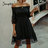 Simplee Sexy off shoulder women summer dress Elegant black stitching lace female short sundress Summer ladies elastic mini dress