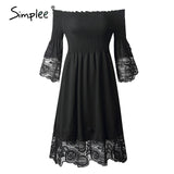 Simplee Sexy off shoulder women summer dress Elegant black stitching lace female short sundress Summer ladies elastic mini dress