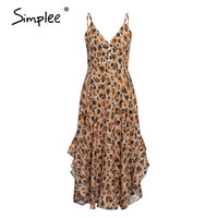 Simplee Leopard print women dress Sexy sleeveless ruffled high waist summer dress V-neck buttons beach wear holiday dress 2020