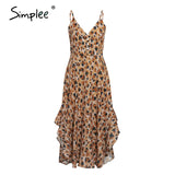 Simplee Leopard print women dress Sexy sleeveless ruffled high waist summer dress V-neck buttons beach wear holiday dress 2020